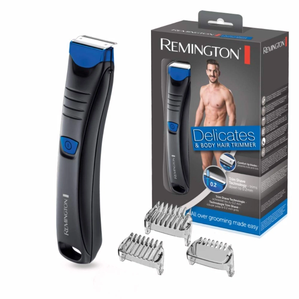Ein Remington Körperhaartrimmer mit Aufsätzen und Verpackung.