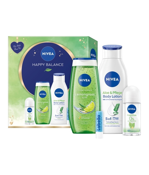 NIVEA Happy Balance Geschenkset 4-tlg. Pflegedusche Bodylotion Deo Lippenpflege