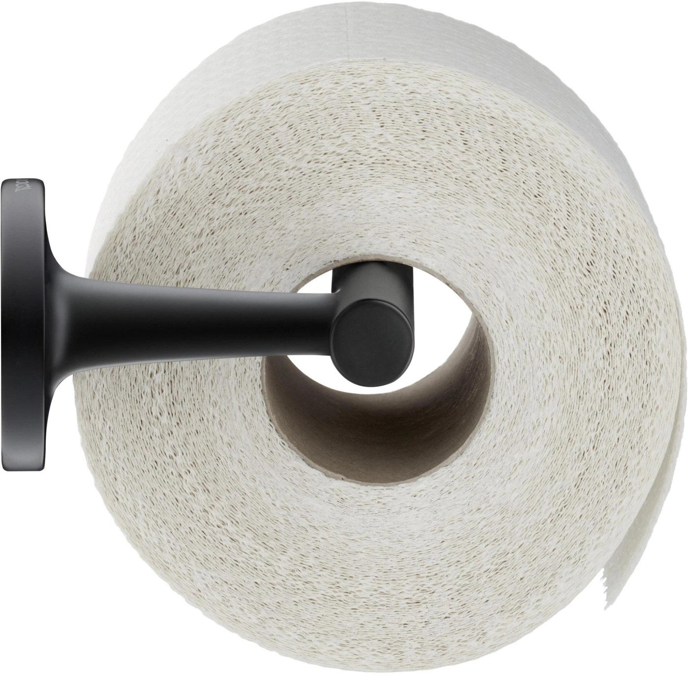 Toilettenpapierrolle auf schwarzem Halter, Nahaufnahme, weißes Papier, Badezimmer