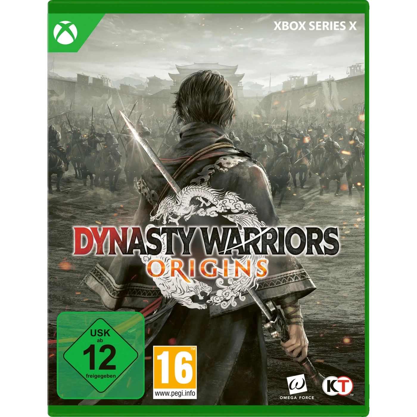 Dynasty Warriors Origins Xbox Series X Spielcover mit Krieger vor Schlacht.