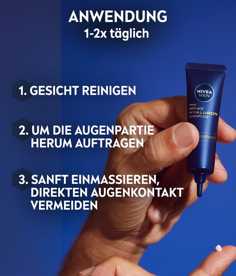 Anwendungshinweise für Nivea Men Augenpflege: Gesicht reinigen, um Augenpartie auftragen, sanft einmassieren.