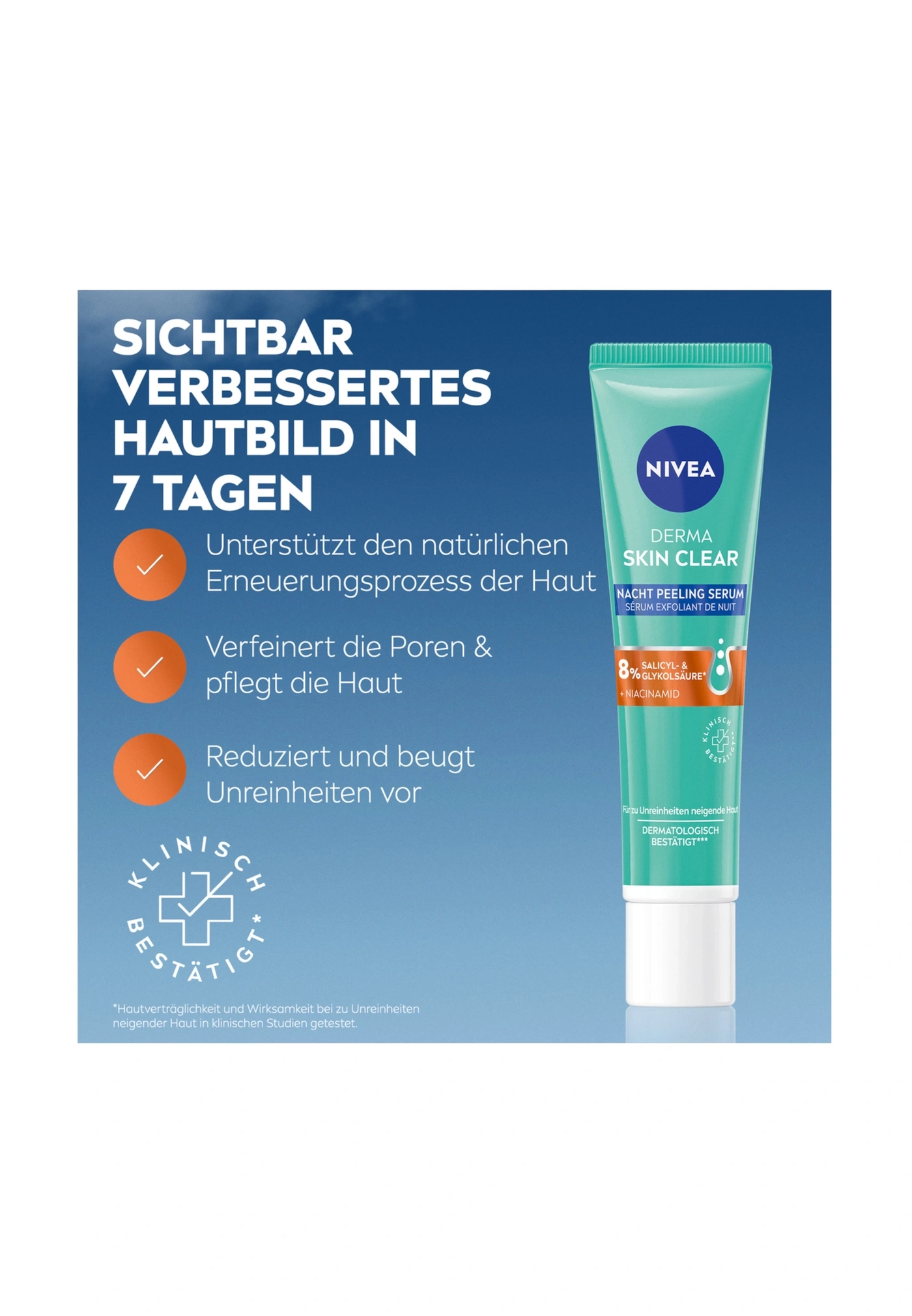 Nivea Derma Skin Clear Nacht Peeling Serum. Sichtbar verbessertes Hautbild in 7 Tagen.