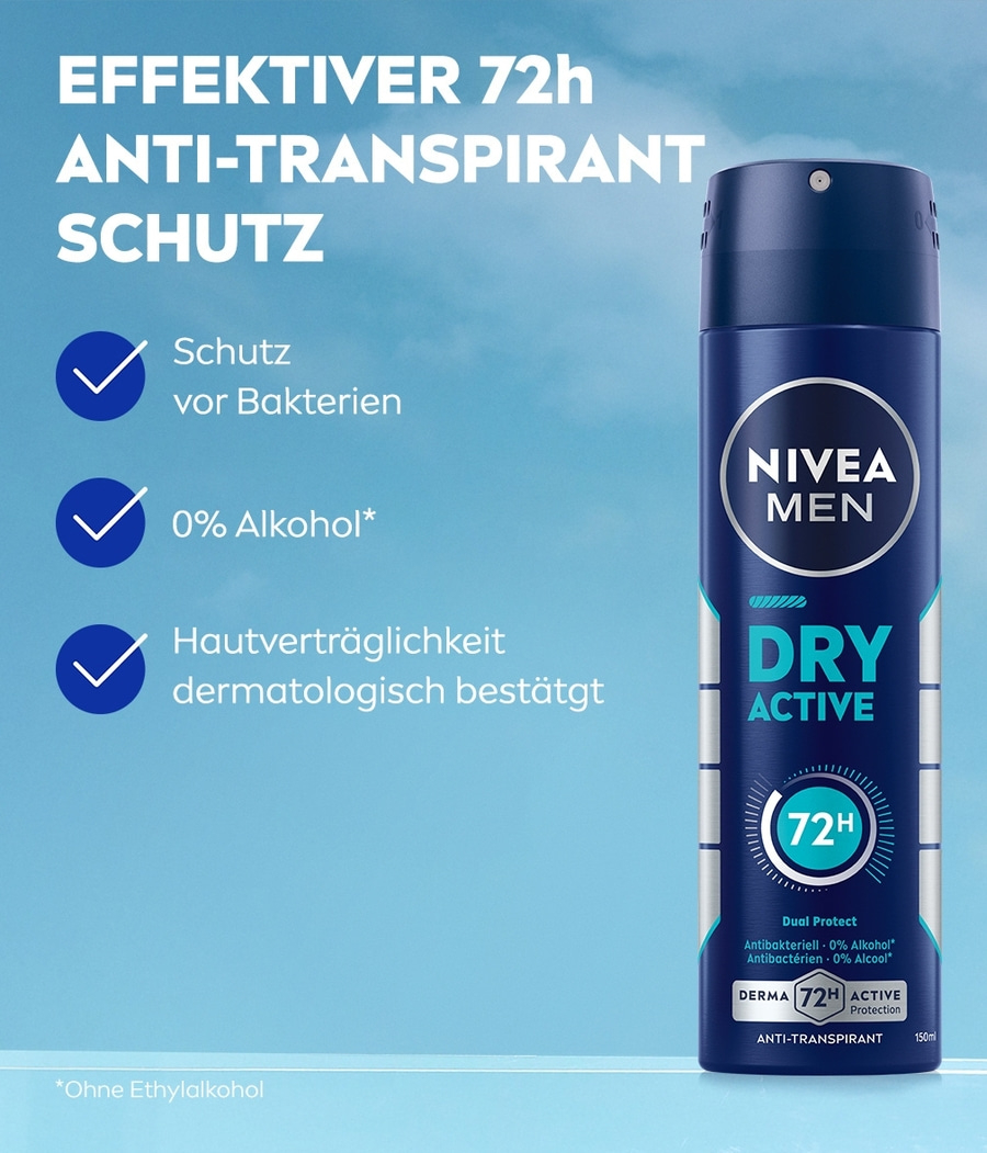 Nivea Men Dry Active Antitranspirant, 72h Schutz, 0% Alkohol, Hautverträglichkeit