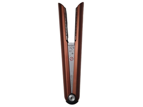 Ein bronzefarbener Haarglätter mit CE- und EAC-Siegeln.