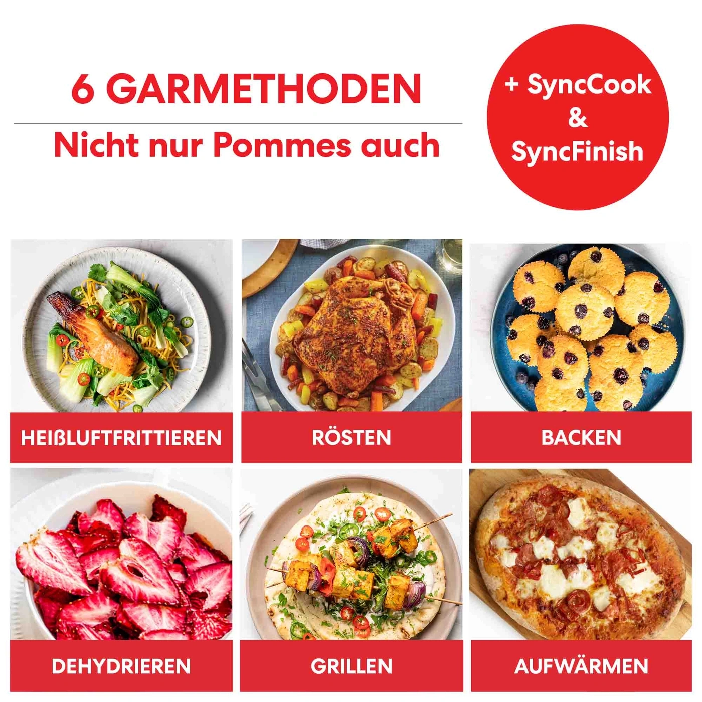 6 Garmethoden: Heißluftfrittieren, Rösten, Backen, Dehydrieren, Grillen, Aufwärmen.