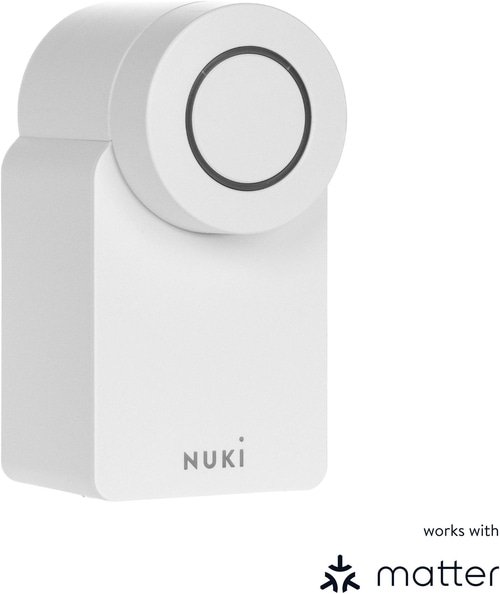 Ein weißes Nuki Schloss mit Matter Logo auf weißem Hintergrund.