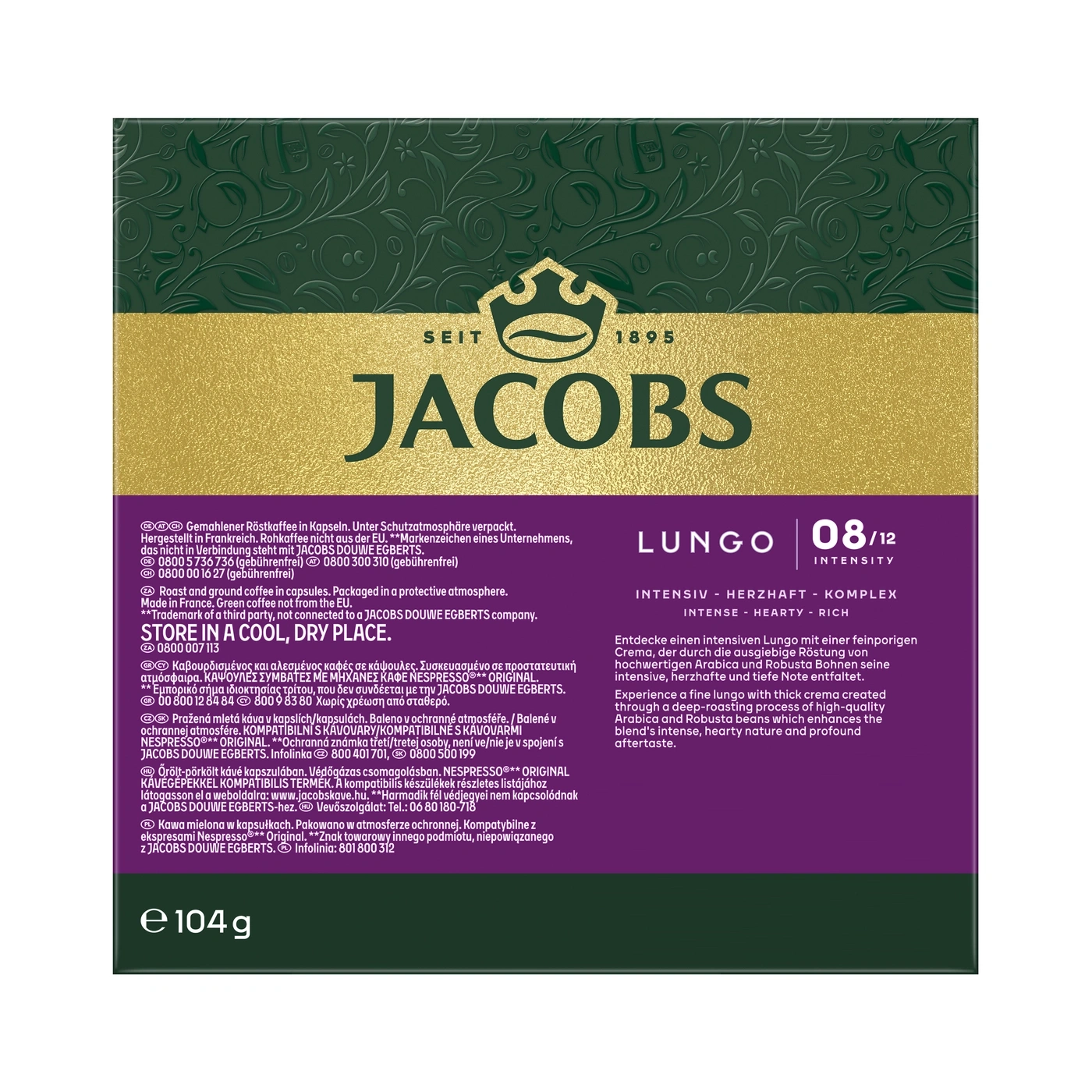 Jacobs Lungo coffee capsules packaging with a golden and green design.