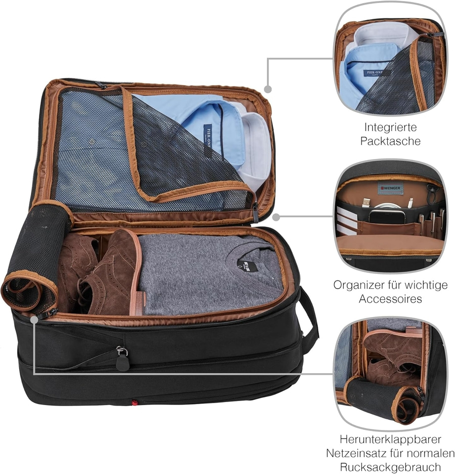 Schwarzer Rucksack mit Kleidung und Organizer. Integrierte Packtasche und Netzeinsatz.