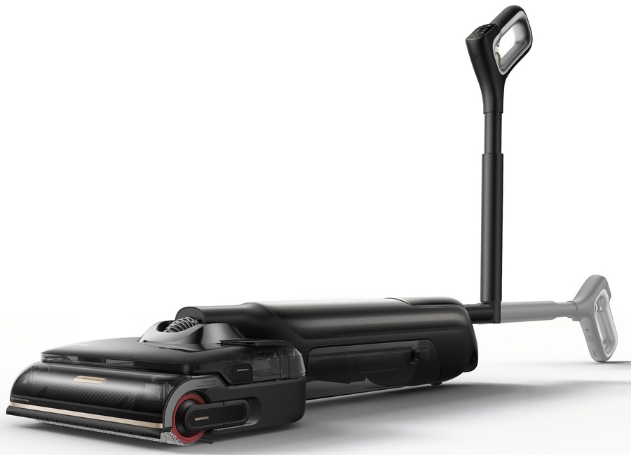 Ein moderner schwarzer Bodenreiniger mit schlankem Design, klaren Behältern und einem digitalen Display am Griff.