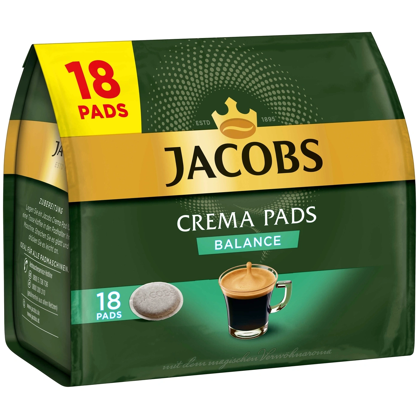 Jacobs Crema Pads Balance, 18 Pads, Kaffee, Getränk, Packung, grün, gelb, Werbung