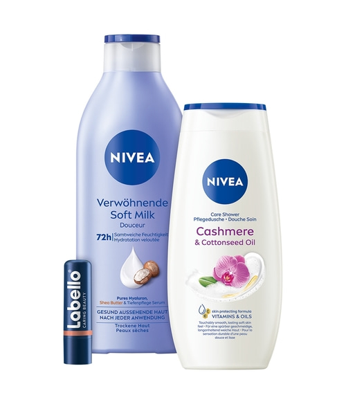 NIVEA Wegbegleiter Geschenkset Oil Pflegedusche Soft Milk Labello Kulturbeutel