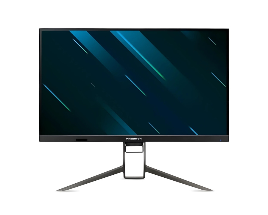 Ein moderner Gaming-Monitor mit einem stilvollen schwarzen Ständer und einem dunklen Hintergrund.