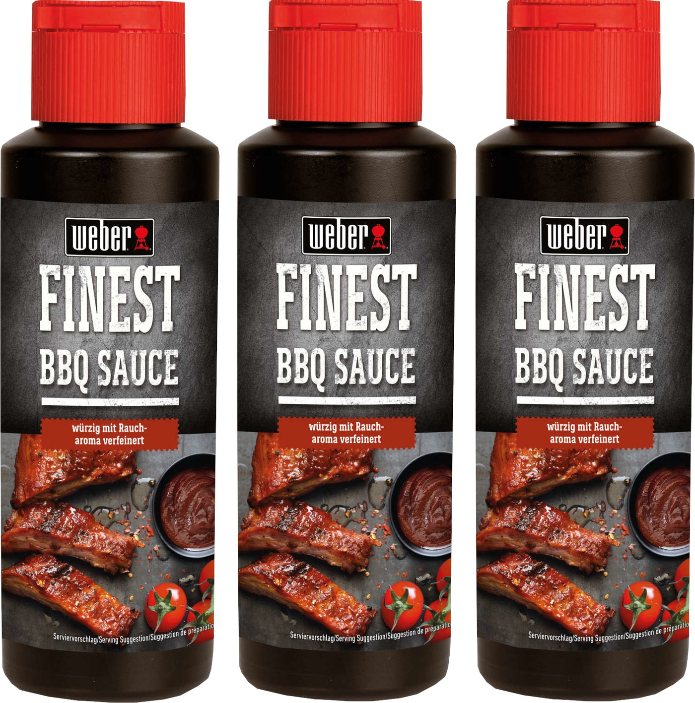 Drei Flaschen Weber Finest BBQ Sauce mit geräuchertem Aroma und Rippchen