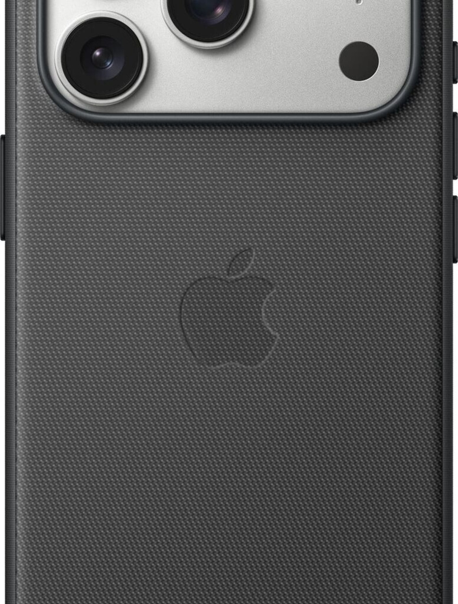 Nahaufnahme eines schwarzen iPhones mit eingeprägtem Apple-Logo und drei Kameralinsen.