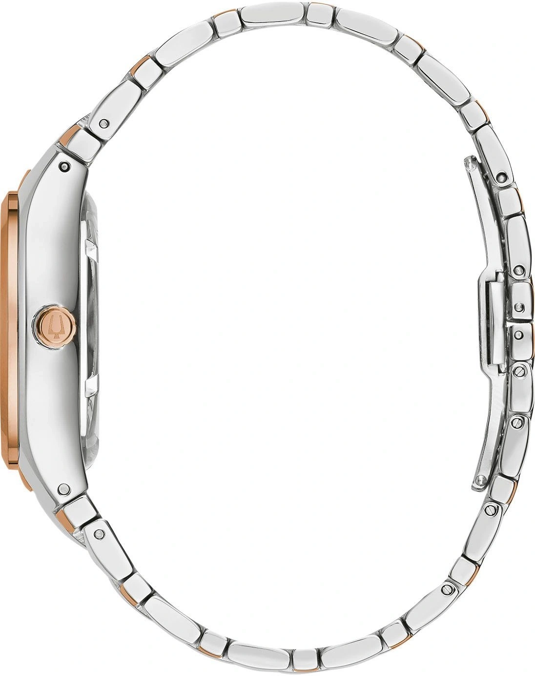 Uhr, silbernes Armband, roségoldfarbenes Zifferblatt, Seitenansicht, Detailaufnahme, Schmuck