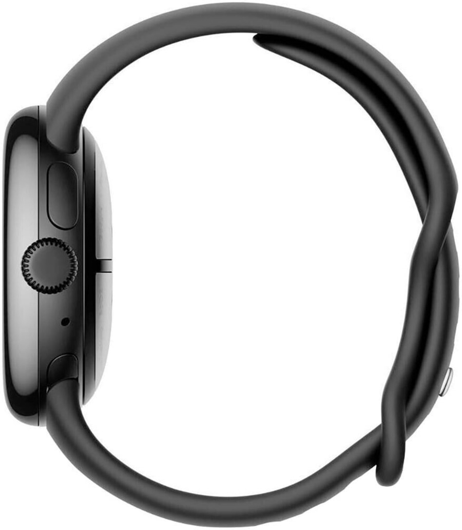 Schwarze Smartwatch mit schwarzem Armband, Seitenansicht, Nahaufnahme