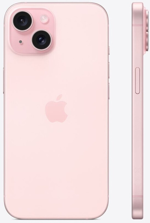 Rosa iPhone 13 mit zwei Kameras und Apple-Logo auf der Rückseite.