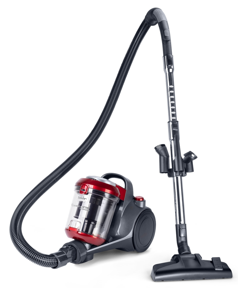 Ein beigefarbener Staubsauger mit rotem Tank und Teleskopstange