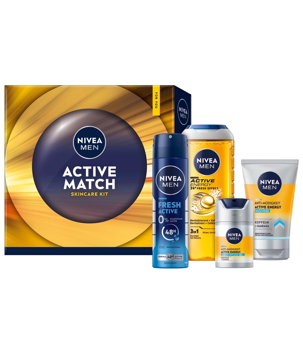 Nivea Men Active Match Skincare Kit mit Duschgel, Deo und Gesichtscreme.