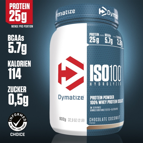 Dymatize ISO100 Protein-Pulver, 25g Protein, 5.7g BCAAs, 0.5g Zucker, Schoko-Kokos-Geschmack