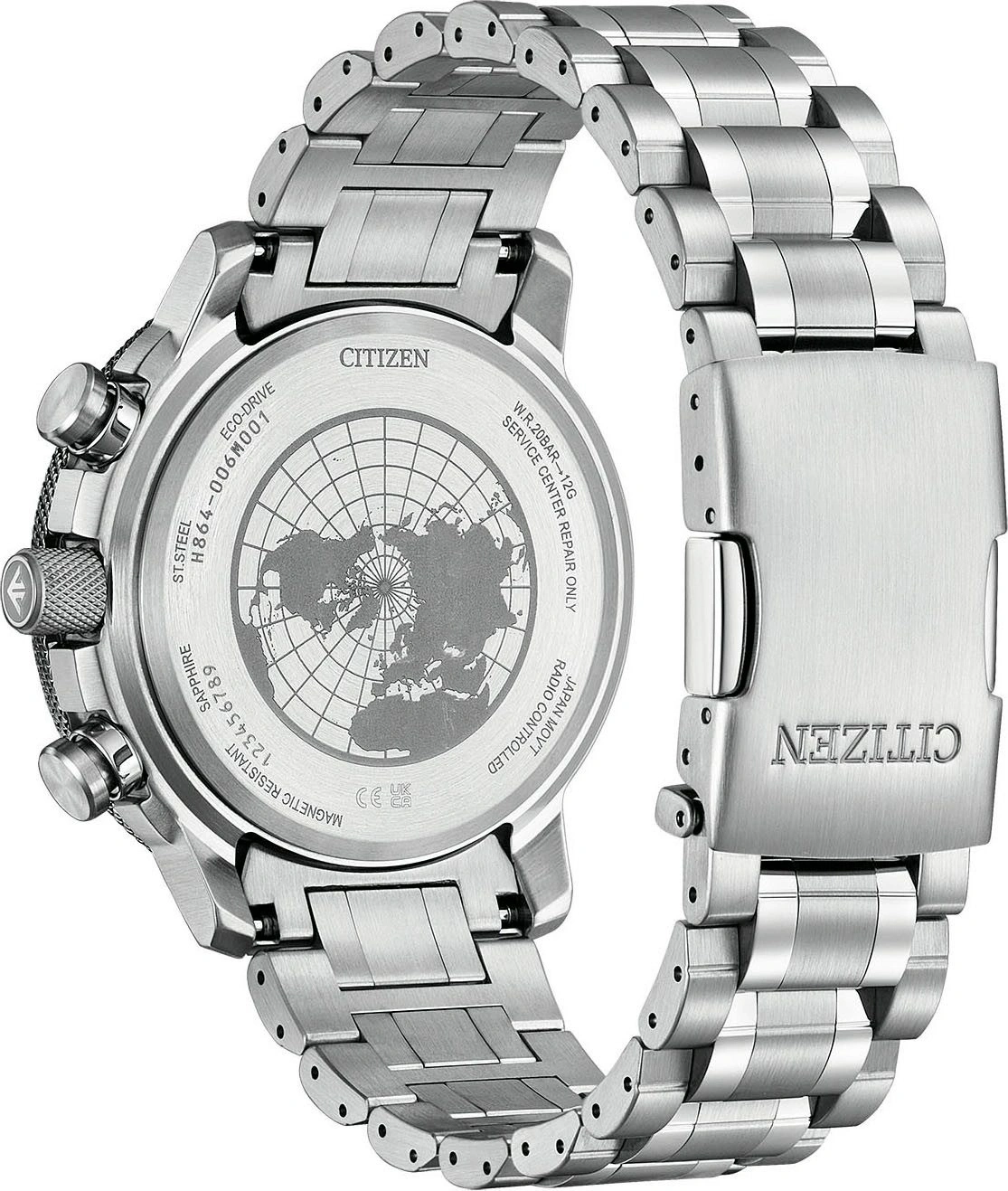 Rückseite einer Citizen Eco-Drive-Uhr mit Weltkarte und Metallarmband.