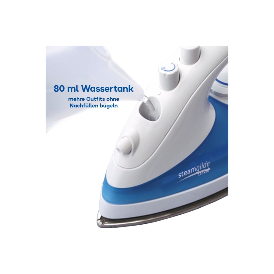 Dampfbügeleisen mit 80 ml Wassertank und dem Text 'mehr Outfits ohne Nachfüllen bügeln'.
