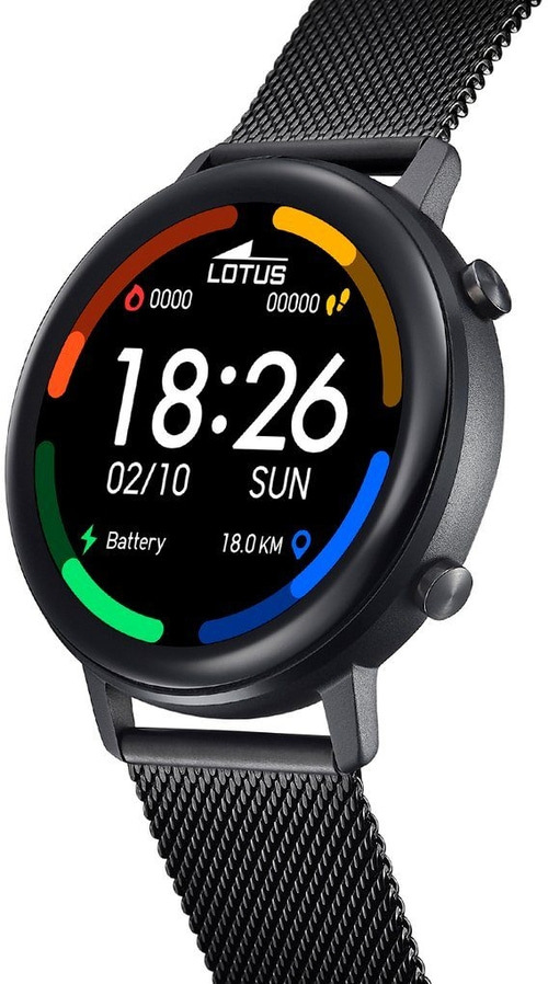 Lotus Smartwatch mit schwarzem Armband, zeigt Uhrzeit, Datum und Distanz.