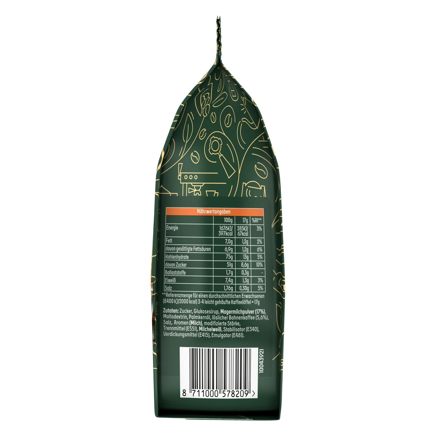 Eine grüne Verpackung mit Nährwertangaben und einem Barcode.