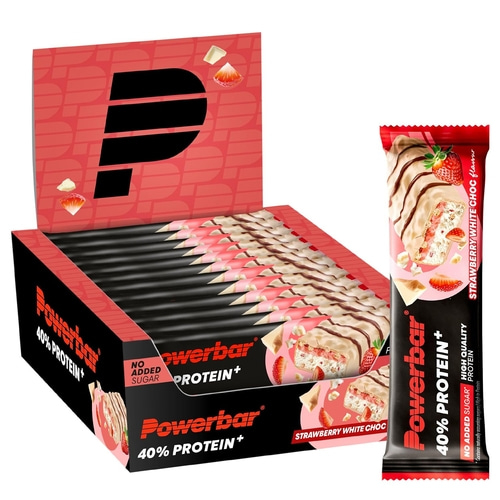 Eine Schachtel mit Powerbar Riegeln, ein Riegel daneben.