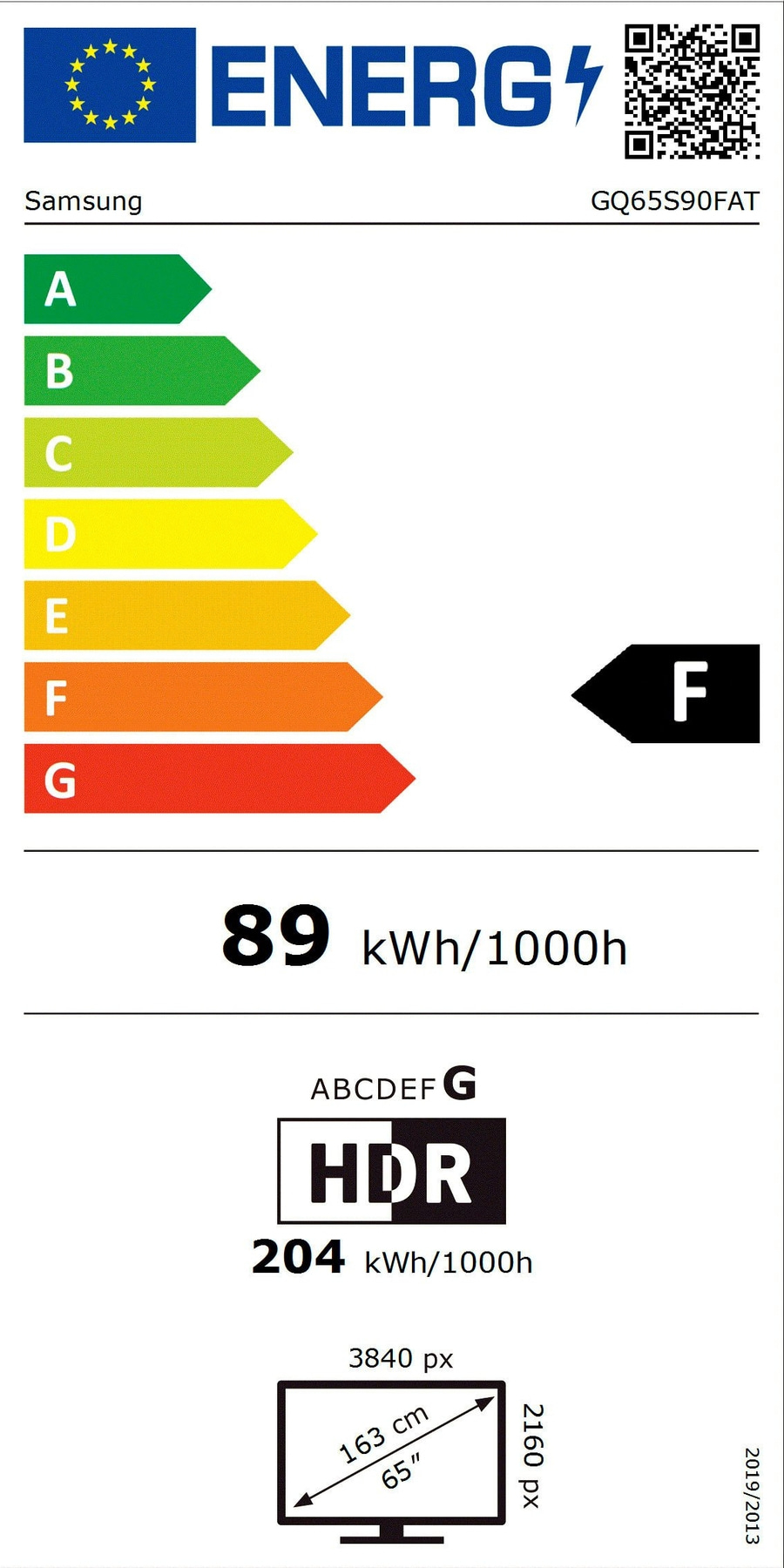 Energieeffizienzlabel für einen Samsung Fernseher mit der Modellnummer GQ65S90FAT.