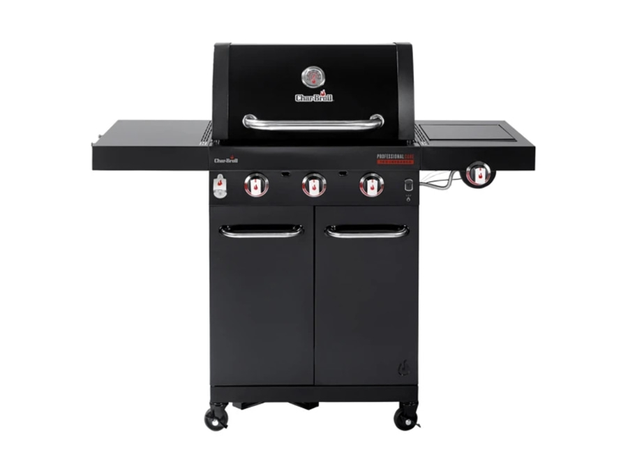 Schwarzer Gasgrill mit Deckel, Seitenablagen und Schranktüren. Char-Broil.