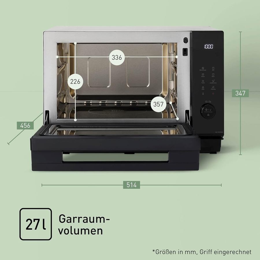 Mikrowelle mit Maßen: 456, 226, 336, 514, 357, 347. Garraumvolumen: 271. Mit digitaler Anzeige.