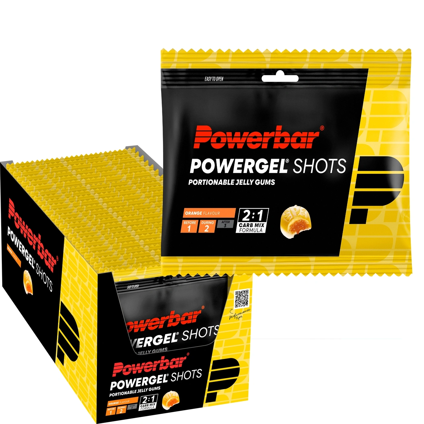 Powerbar Powergel Shots in einer Box und einzelner Verpackung