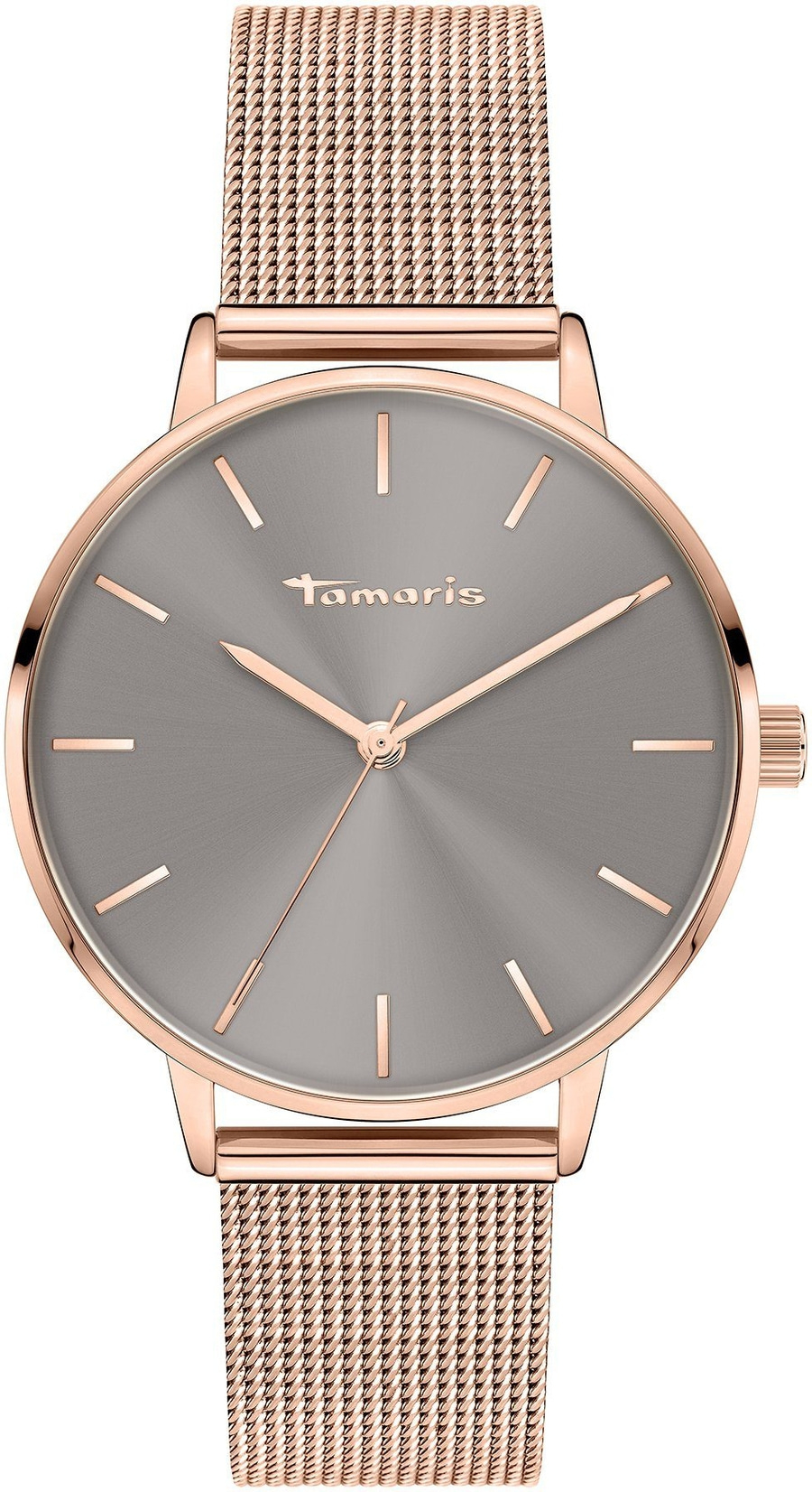 Eine Tamaris Damenuhr mit Roségold-Gehäuse und grauem Zifferblatt auf einem Netzarmband.