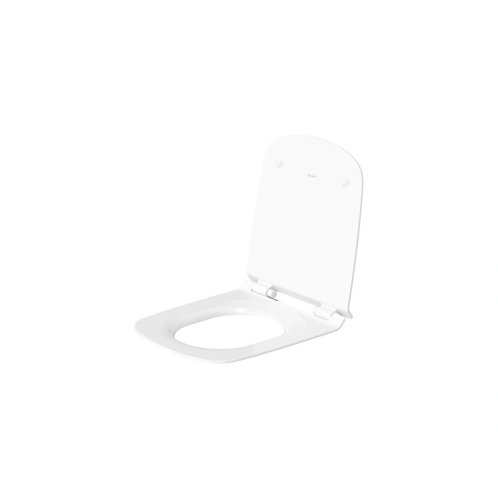 Weißer Toilettensitz, quadratisch, geöffnet, isoliert auf weißem Hintergrund