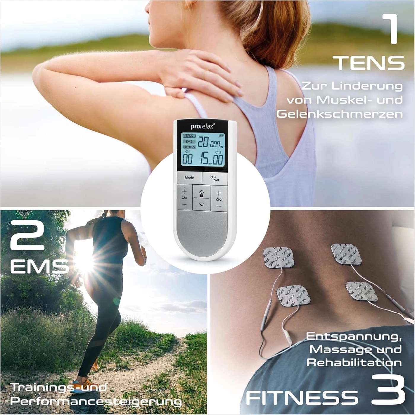 TENS, EMS und Fitness Gerät. Muskel- und Gelenkschmerzen, Trainings- und Performancesteigerung, Entspannung.