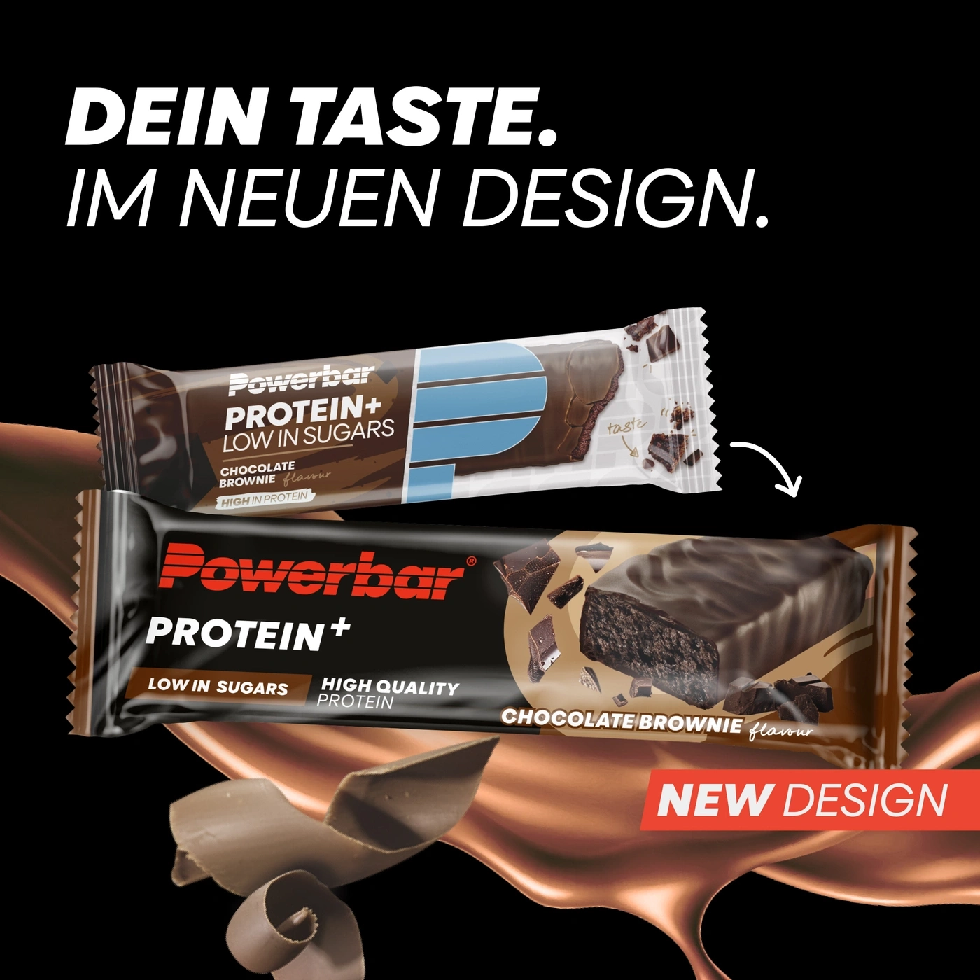 Powerbar Protein+ Riegel in neuem Design mit Schokoladen-Brownie-Geschmack.