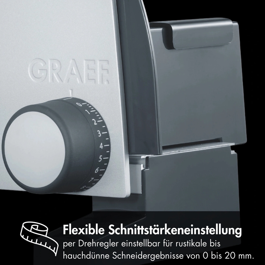 Graef-Schneidemaschine mit flexiblem Schnittstärkenregler von 0 bis 20 mm für rustikale bis hauchdünne Ergebnisse.
