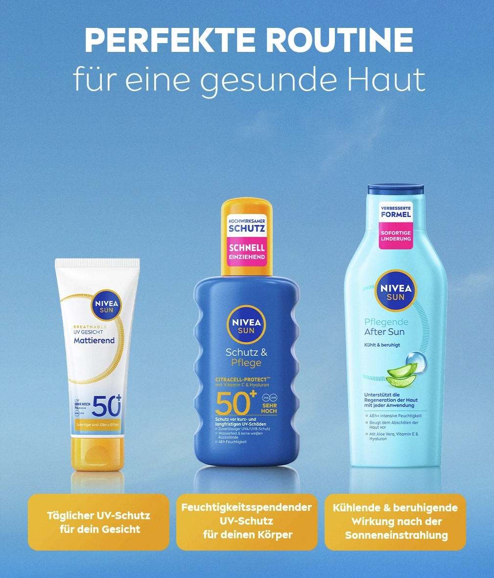 Drei Nivea Sun Produkte für die Hautpflege und Sonnenschutz, mit Gelbfarbener Tube, Blauer Flasche mit Pumpspender und Türkisfarbener Flasche