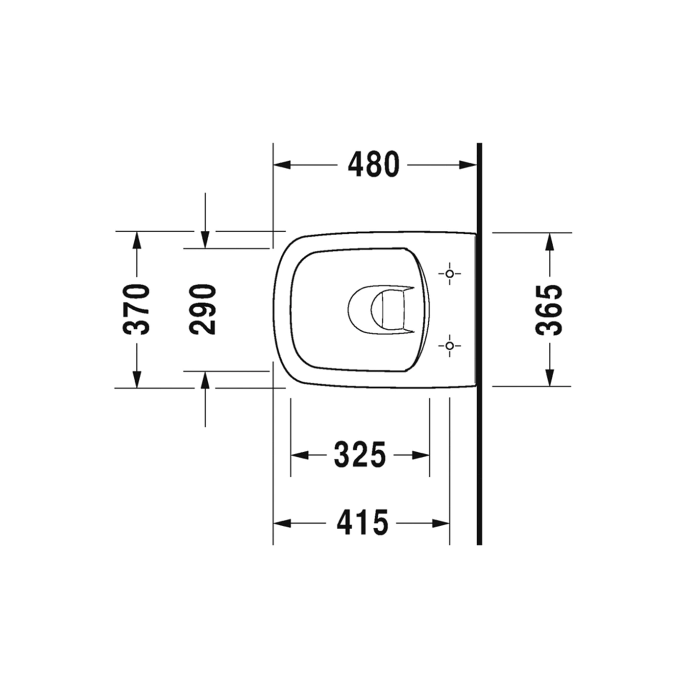 Draufsicht einer Toilette mit Maßangaben in Millimetern. Abmessungen: 480, 370, 290, 325, 415, 365.
