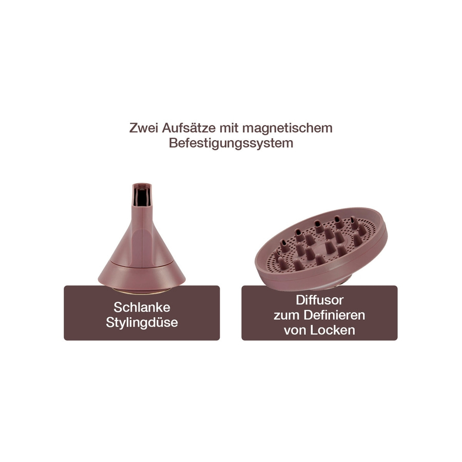 Zwei Aufsätze mit magnetischem Befestigungssystem. Schlanke Stylingdüse und Diffusor.
