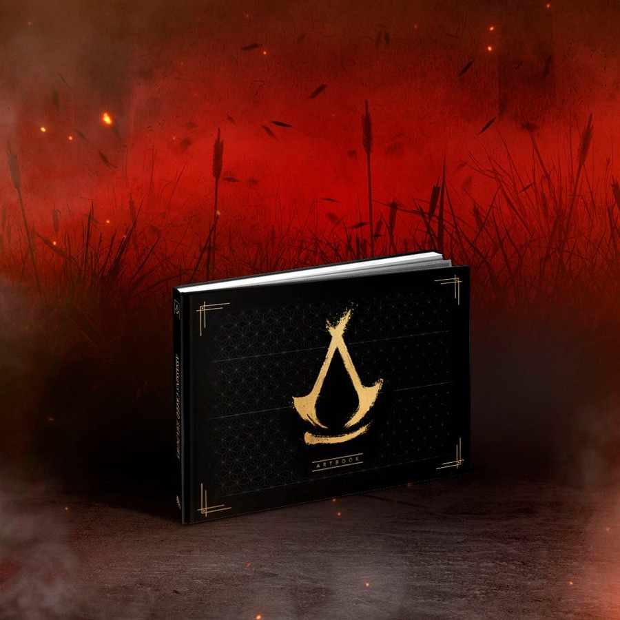 Assassin's Creed Artbook, schwarz, goldenes Logo, roter Hintergrund, Kunstbuch
