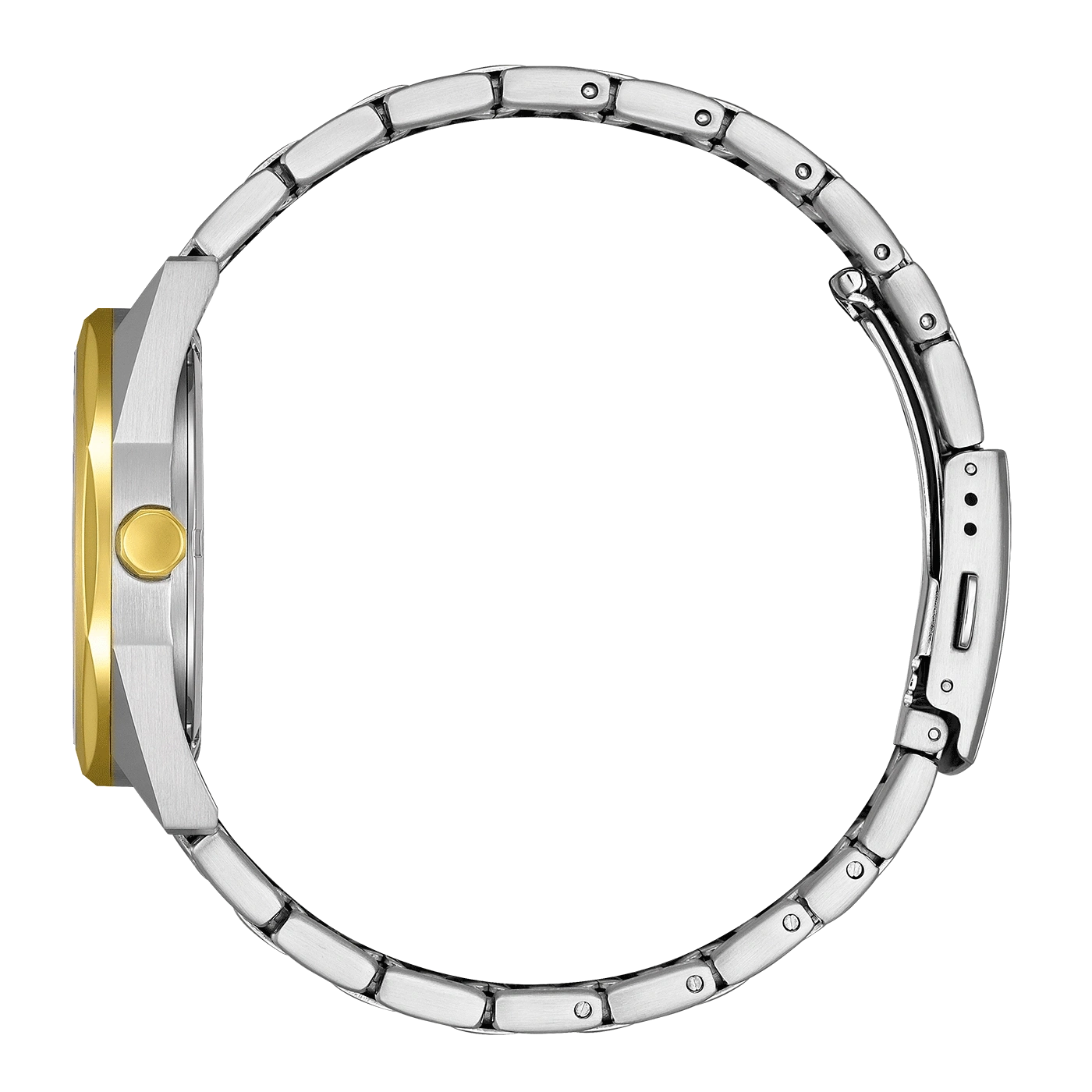 Uhr mit silbernem Armband und goldenem Zifferblatt, Seitenansicht, isoliert