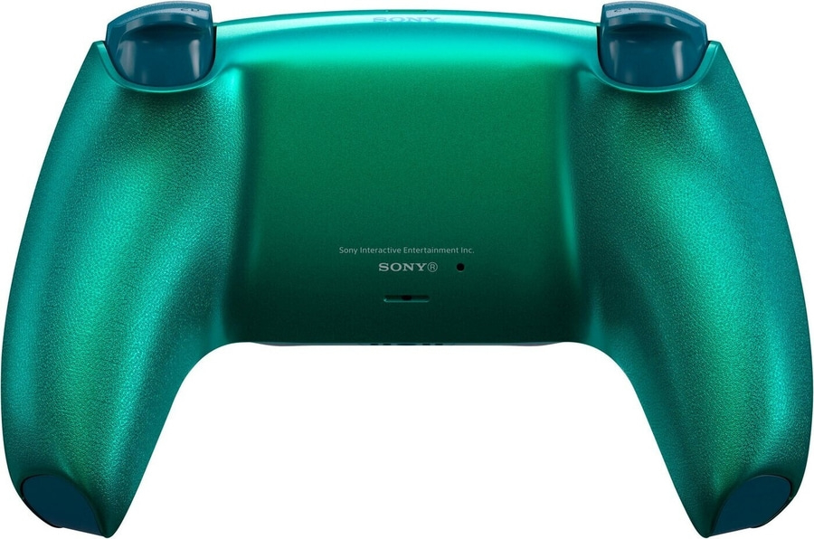Rückseite eines grünen PlayStation 5 Controllers mit Sony Logo