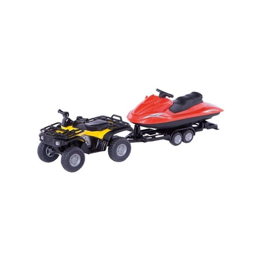 Gelber Quad mit rotem Jetski auf einem Anhänger