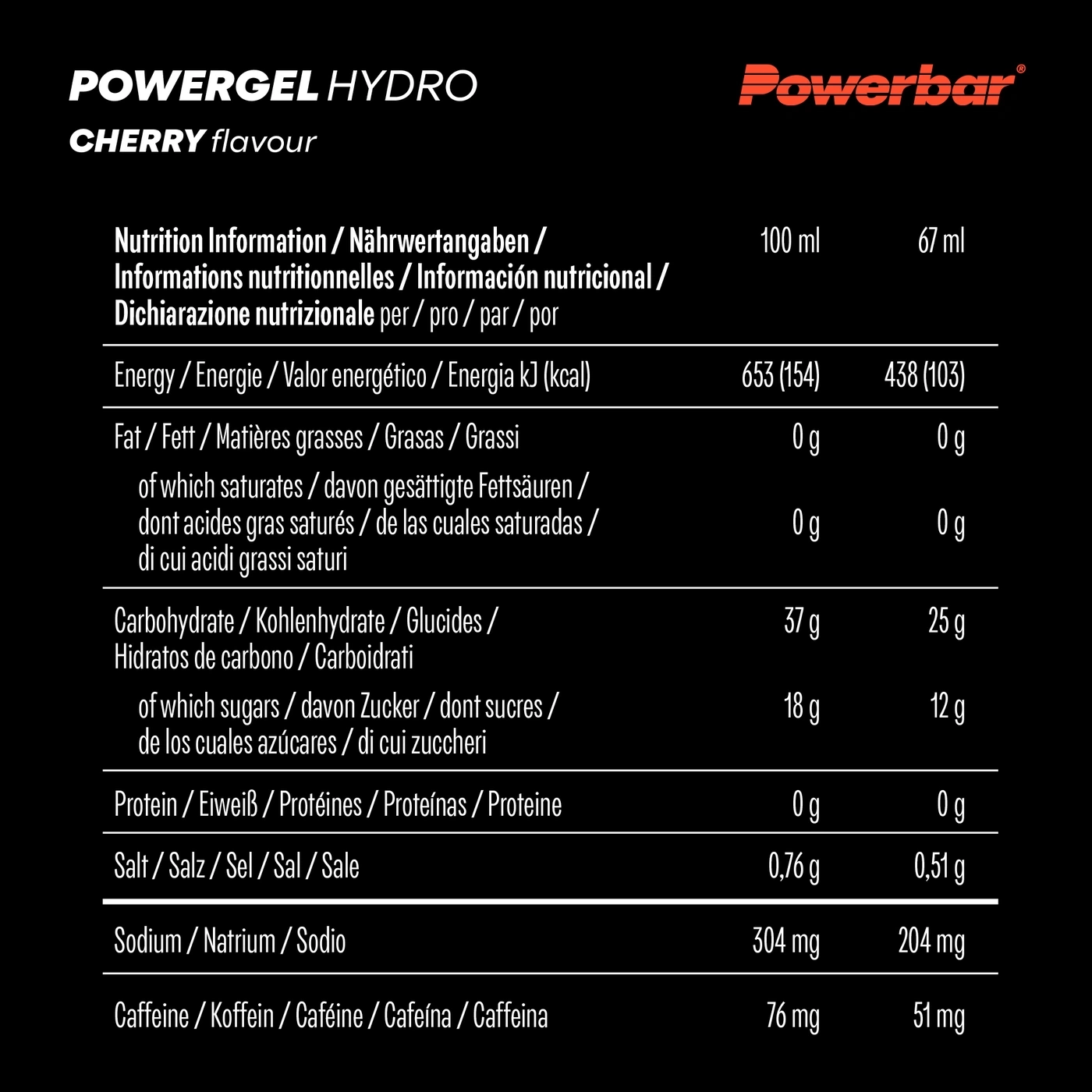 POWERBAR PowerGel Hydro Cherry High Carb Energie Gel Natrium Koffein 24 x 67 ml