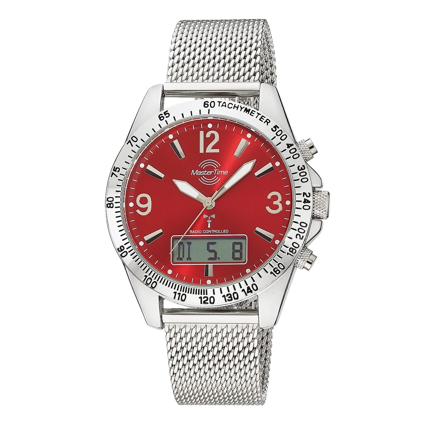 Herrenuhr mit rotem Zifferblatt und silbernem Mesh-Armband