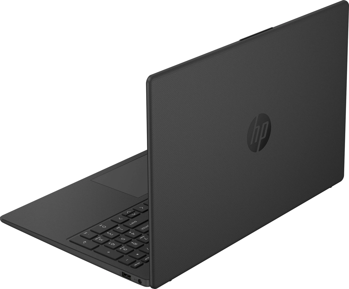 Schwarzer HP Laptop mit Tastatur und HP Logo auf der Rückseite.