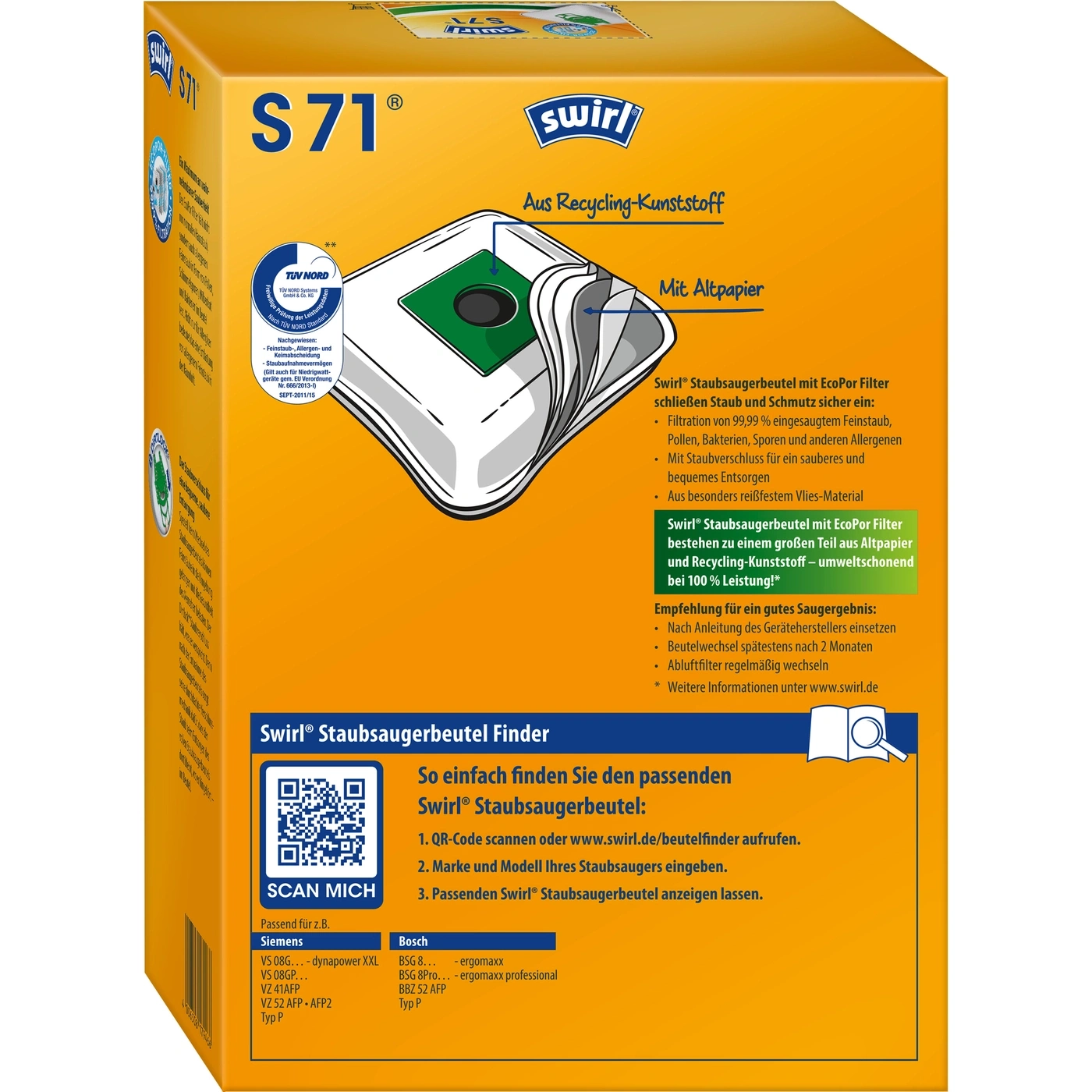 Swirl Staubsaugerbeutel Packung mit Informationen zu Filtern, Marken und Modellen, sowie QR-Code.