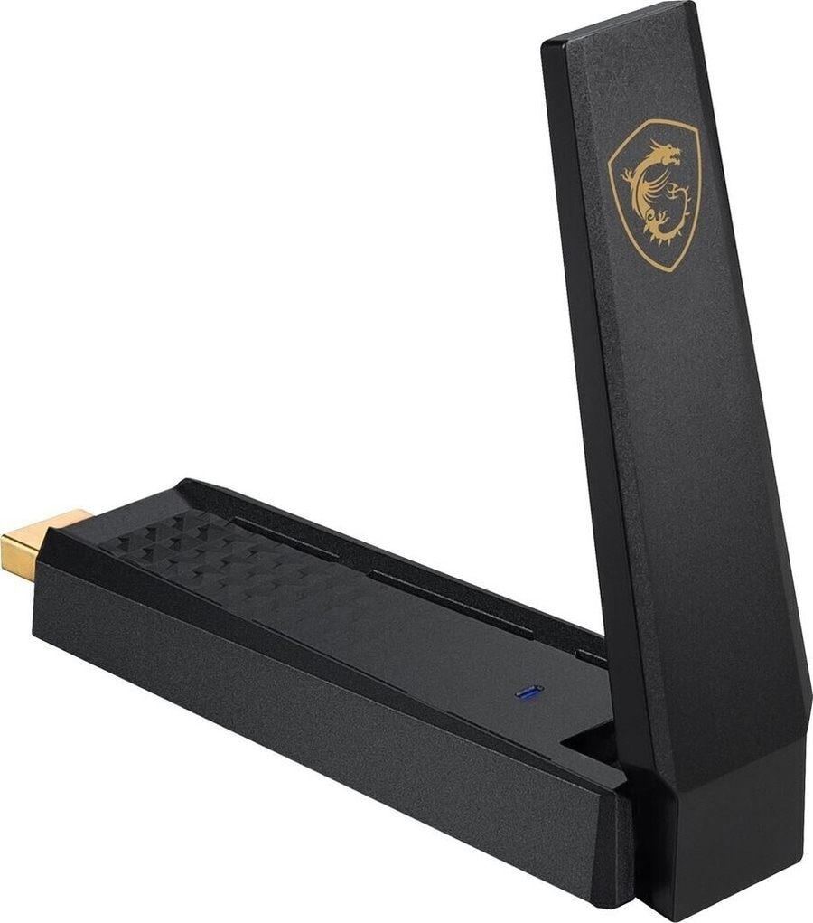 Ein schwarzer MSI WLAN-Adapter mit goldenem Drachenlogo.
